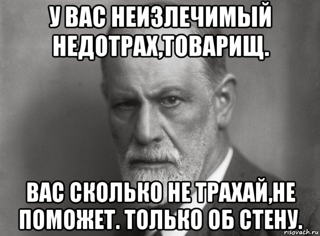 у вас неизлечимый недотрах,товарищ. вас сколько не трахай,не поможет. только об стену., Мем  Фрейд