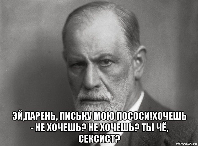  эй,парень, письку мою пососи!хочешь - не хочешь? не хочешь? ты чё, сексист?, Мем  Фрейд