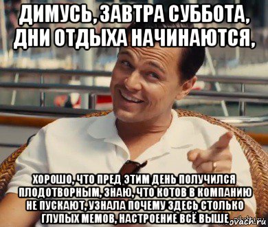 димусь, завтра суббота, дни отдыха начинаются, хорошо, что пред этим день получился плодотворным, знаю, что котов в компанию не пускают, узнала почему здесь столько глупых мемов, настроение всё выше, Мем Хитрый Гэтсби