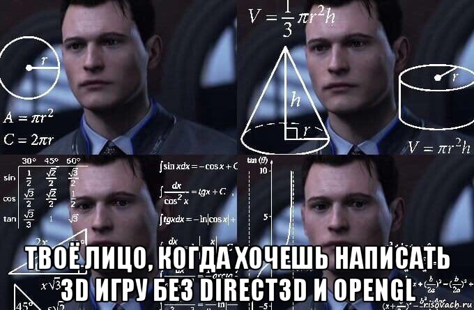  твоё лицо, когда хочешь написать 3d игру без direct3d и opengl, Мем  Коннор задумался