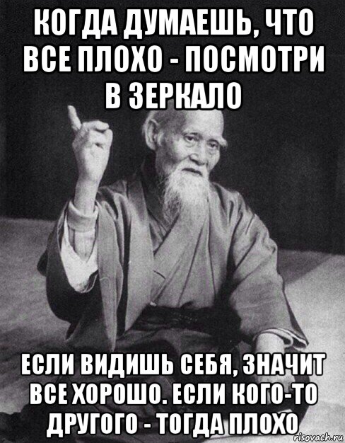 когда думаешь, что все плохо - посмотри в зеркало если видишь себя, значит все хорошо. если кого-то другого - тогда плохо, Мем Монах-мудрец (сэнсей)