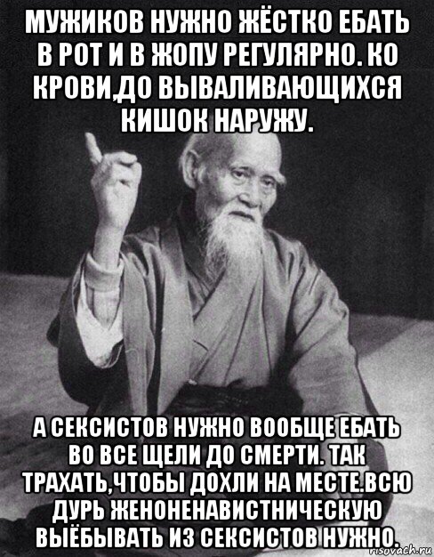 мужиков нужно жёстко ебать в рот и в жопу регулярно. ко крови,до вываливающихся кишок наружу. а сексистов нужно вообще ебать во все щели до смерти. так трахать,чтобы дохли на месте.всю дурь женоненавистническую выёбывать из сексистов нужно., Мем Монах-мудрец (сэнсей)