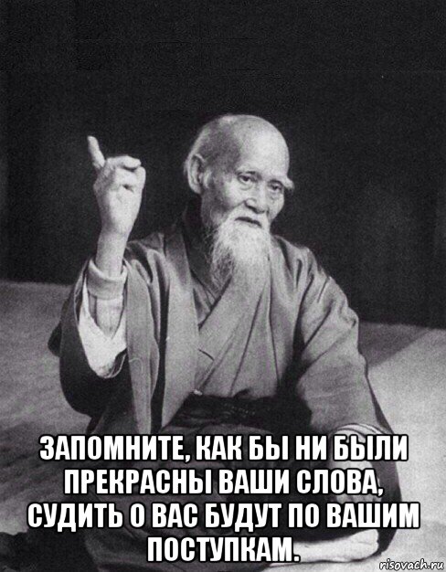  запомните, как бы ни были прекрасны ваши слова, судить о вас будут по вашим поступкам., Мем Монах-мудрец (сэнсей)