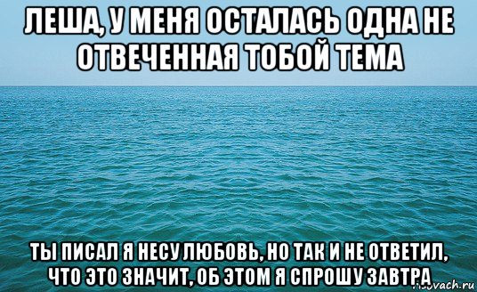 леша, у меня осталась одна не отвеченная тобой тема ты писал я несу любовь, но так и не ответил, что это значит, об этом я спрошу завтра, Мем Море