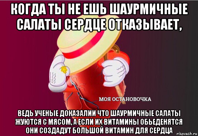 когда ты не ешь шаурмичные салаты сердце отказывает, ведь ученые доказалии что шаурмичные салаты жуются с мясом, а если их витамины обьеденятся они создадут большой витамин для сердца, Мем   Моя остановочка