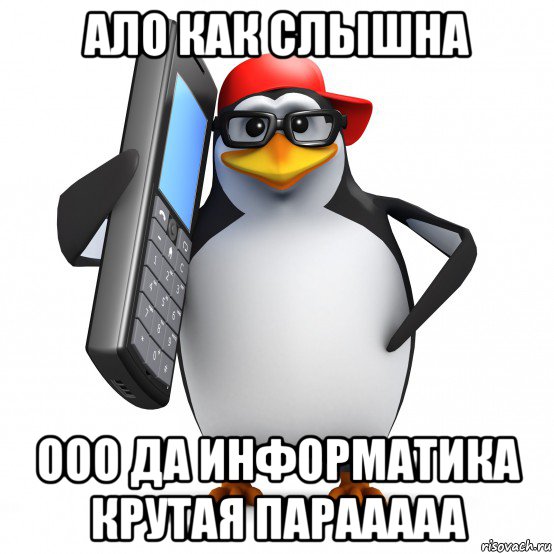 ало как слышна ооо да информатика крутая парааааа, Мем   Пингвин звонит