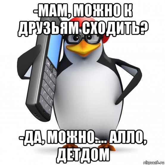 -мам, можно к друзьям сходить? -да, можно.... алло, детдом, Мем   Пингвин звонит