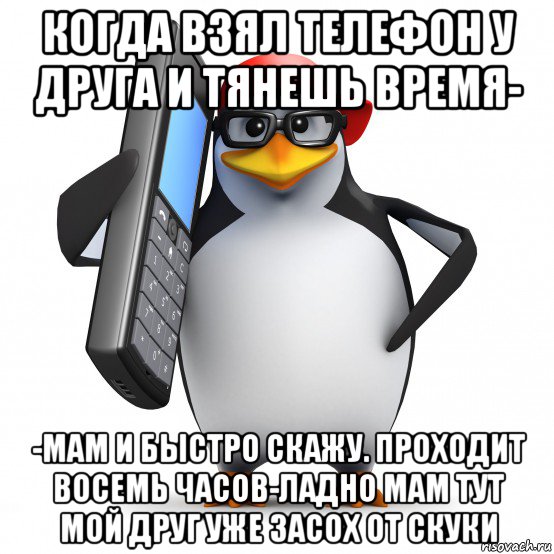 когда взял телефон у друга и тянешь время- -мам и быстро скажу. проходит восемь часов-ладно мам тут мой друг уже засох от скуки, Мем   Пингвин звонит