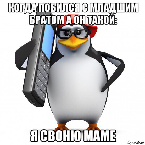 когда побился с младшим братом а он такой: я своню маме, Мем   Пингвин звонит