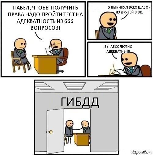 Павел, чтобы получить права надо пройти тест на адекватность из 666 вопросов! Я выкинул всех шавок из друзей в ВК. Вы абсолютно адекватный! ГИБДД, Комикс  Приняты