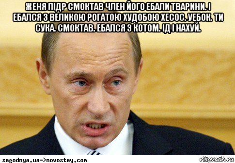 женя підр смоктав член його ебали тварини. і ебался з великою рогатою худобою хесос. уебок. ти сука. смоктав. ебался з котом. ід і нахуй. , Мем  Путин