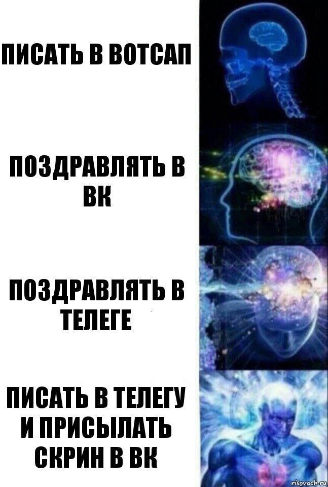 Писать в вотсап Поздравлять в вк Поздравлять в телеге Писать в телегу и присылать скрин в вк, Комикс  Сверхразум