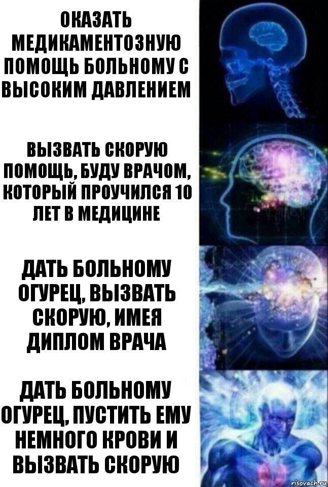 оказать медикаментозную помощь больному с высоким давлением вызвать скорую помощь, буду врачом, который проучился 10 лет в медицине дать больному огурец, вызвать скорую, имея диплом врача дать больному огурец, пустить ему немного крови и вызвать скорую, Комикс  Сверхразум