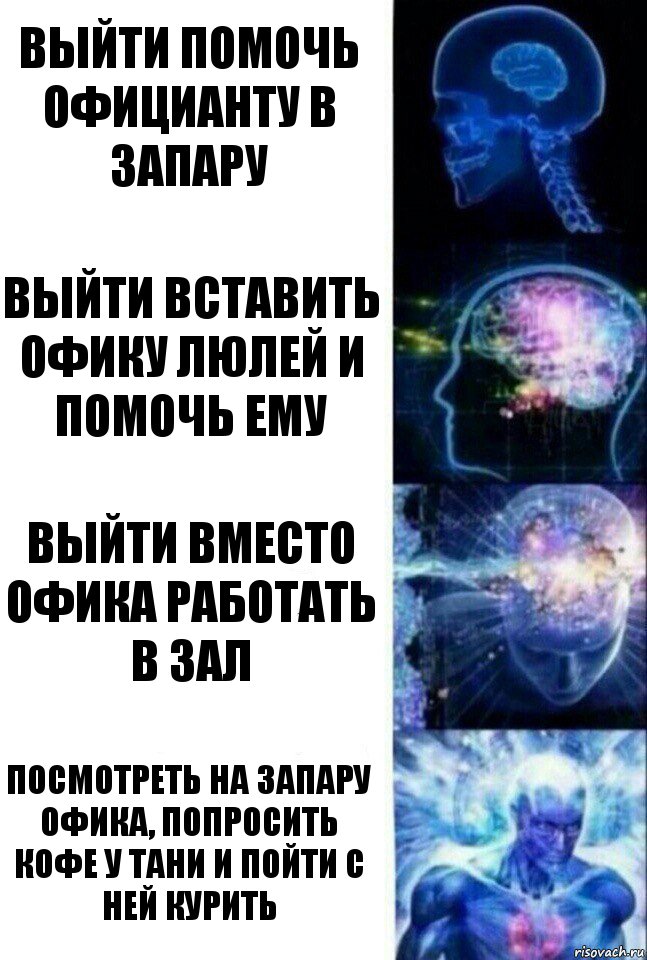 Выйти помочь официанту в запару Выйти вставить офику люлей и помочь ему Выйти вместо офика работать в зал Посмотреть на запару офика, попросить кофе у Тани и пойти с ней курить, Комикс  Сверхразум