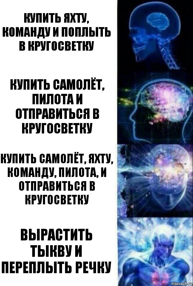 Купить яхту, команду и поплыть в кругосветку Купить самолёт, пилота и отправиться в кругосветку Купить самолёт, яхту, команду, пилота, и отправиться в кругосветку Вырастить тыкву и переплыть речку, Комикс  Сверхразум