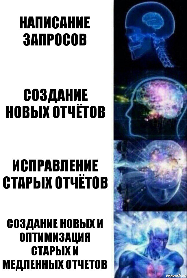 Написание запросов Создание новых отчётов Исправление старых отчётов Создание новых и оптимизация старых и медленных отчетов, Комикс  Сверхразум