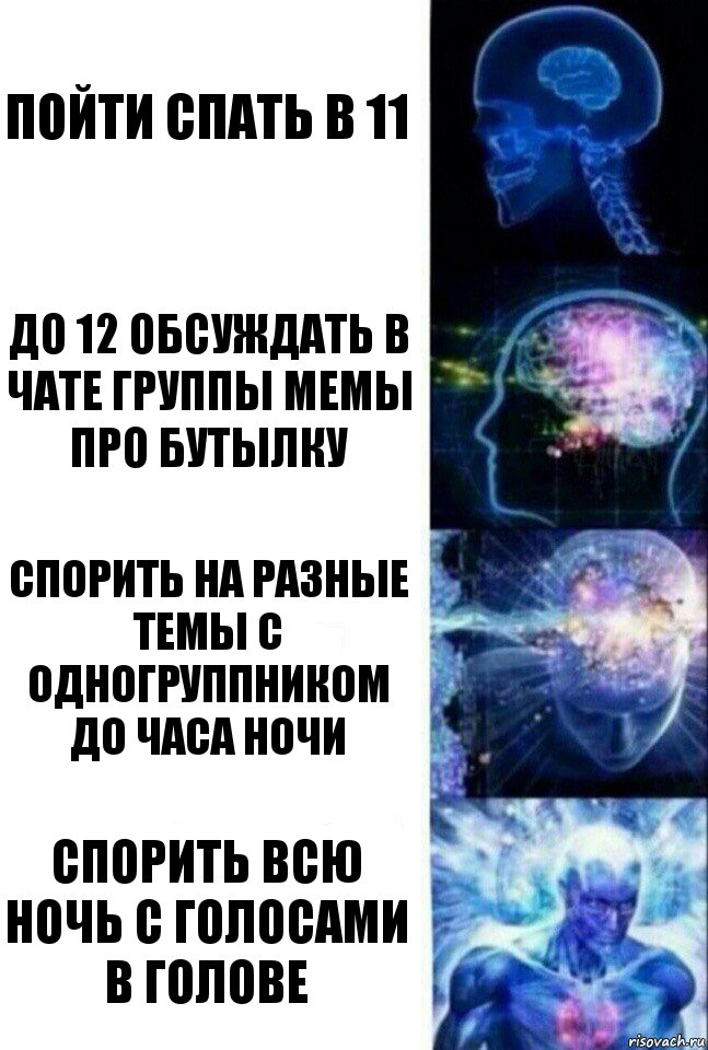 Пойти спать в 11 До 12 обсуждать в чате группы мемы про бутылку Спорить на разные темы с одногруппником до часа ночи Спорить всю ночь с голосами в голове, Комикс  Сверхразум