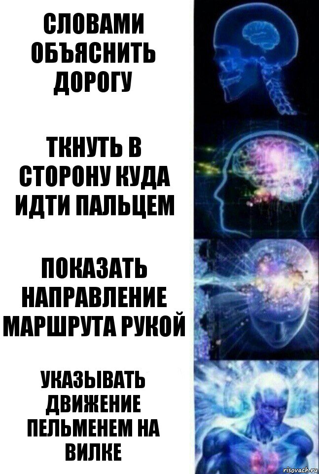 Словами объяснить дорогу Ткнуть в сторону куда идти пальцем Показать направление маршрута рукой Указывать движение пельменем на вилке, Комикс  Сверхразум