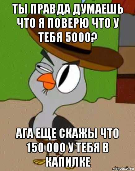 ты правда думаешь что я поверю что у тебя 5000? ага еще скажы что 150 000 у тебя в капилке, Мем    Упоротая сова