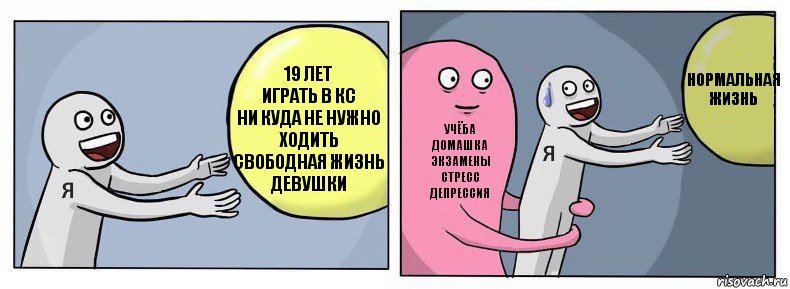 19 лет
Играть в кс
Ни куда не нужно ходить
Свободная жизнь
Девушки Учёба
Домашка
Экзамены
Стресс
Депрессия Нормальная жизнь, Комикс Я и жизнь