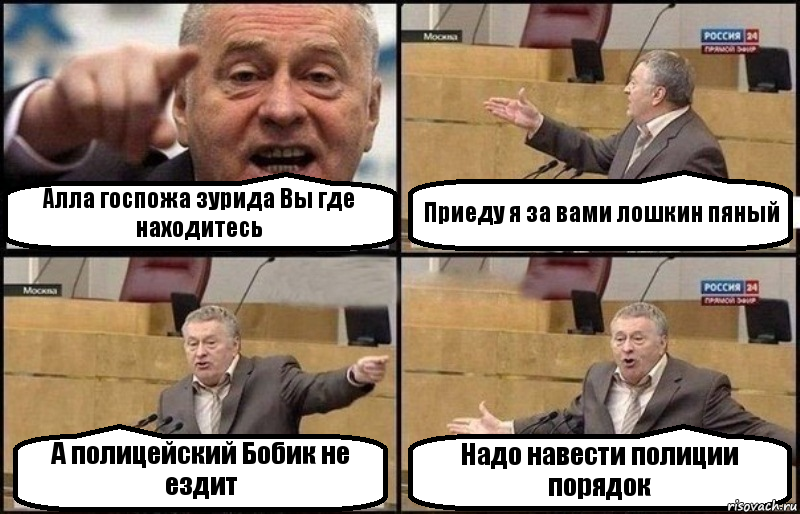 Алла госпожа зурида Вы где находитесь Приеду я за вами лошкин пяный А полицейский Бобик не ездит Надо навести полиции порядок, Комикс Жириновский