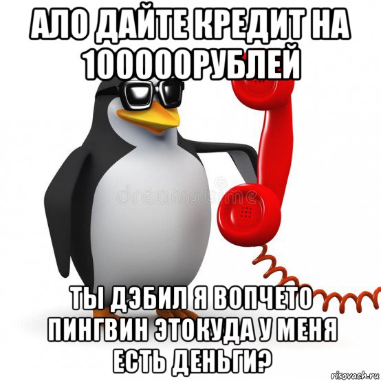 ало дайте кредит на 100000рублей ты дэбил я вопчето пингвин этокуда у меня есть деньги?