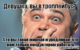 Девушка, вы в троллейбус? А то вы такая жирная и уродливая, что вам только кондуктором работать