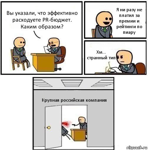 Вы указали, что эффективно расходуете PR-бюджет. Каким образом? Я ни разу не платил за премии и рейтинги по пиару Хм... странный тип Крупная российская компания, Комикс   Не приняты