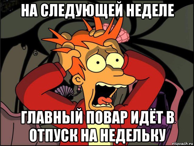 на следующей неделе главный повар идёт в отпуск на недельку, Мем Фрай в панике