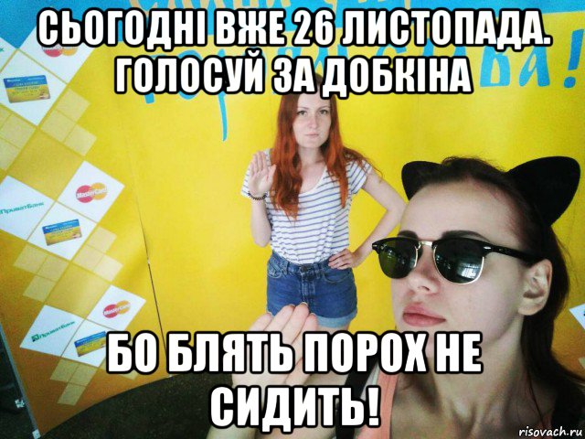 сьогодні вже 26 листопада. голосуй за добкіна бо блять порох не сидить!, Мем Карина Богачева правый сектор Киев