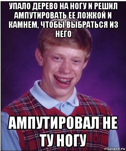 упало дерево на ногу и решил ампутировать ее ложкой и камнем, чтобы выбраться из него ампутировал не ту ногу