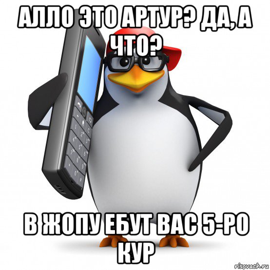 алло это артур? да, а что? в жопу ебут вас 5-ро кур, Мем   Пингвин звонит