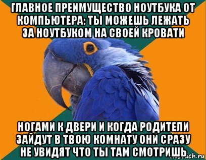 главное преимущество ноутбука от компьютера: ты можешь лежать за ноутбуком на своей кровати ногами к двери и когда родители зайдут в твою комнату они сразу не увидят что ты там смотришь