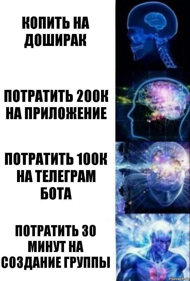 копить на доширак потратить 200к на приложение потратить 100к на телеграм бота потратить 30 минут на создание группы, Комикс  Сверхразум