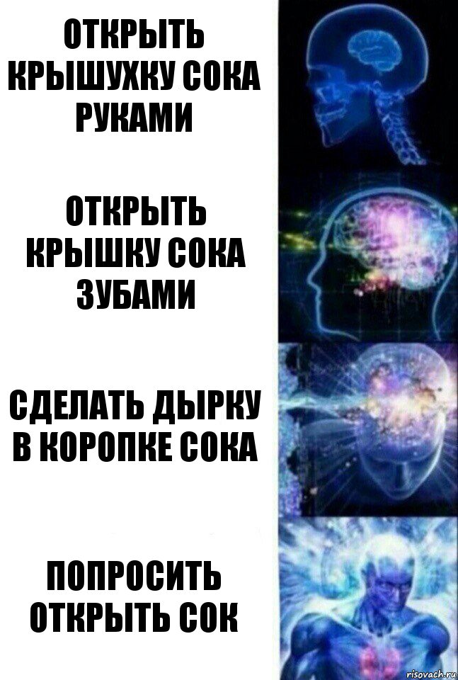 Открыть крышухку сока руками Открыть крышку сока зубами Сделать дырку в коропке сока Попросить открыть сок, Комикс  Сверхразум