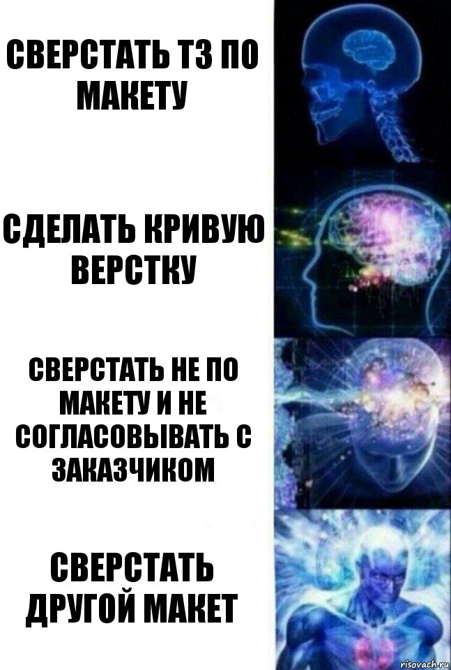 Сверстать ТЗ по макету Сделать кривую верстку Сверстать не по макету и не согласовывать с заказчиком Сверстать другой макет, Комикс  Сверхразум