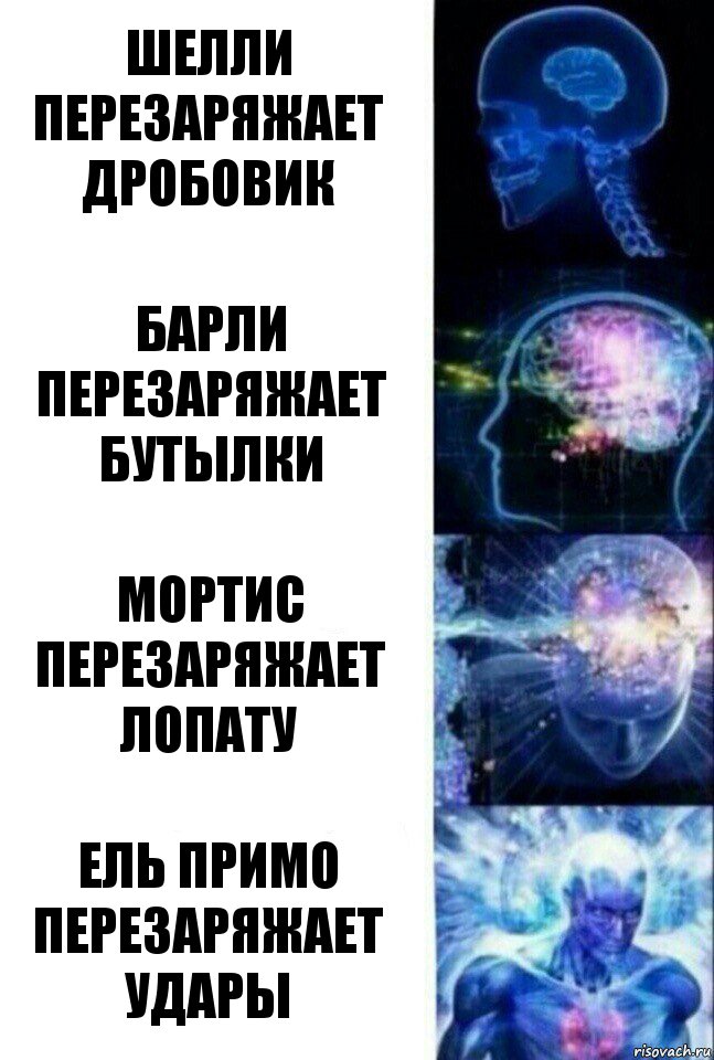 шелли перезаряжает дробовик барли перезаряжает бутылки мортис перезаряжает лопату ель примо перезаряжает удары, Комикс  Сверхразум