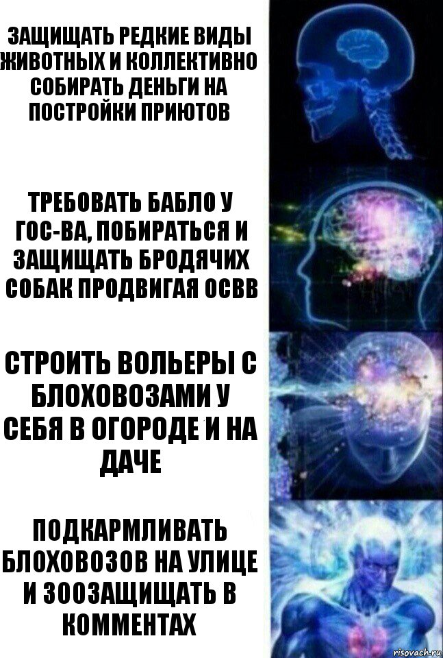 Защищать редкие виды животных и коллективно собирать деньги на постройки приютов Требовать бабло у гос-ва, побираться и защищать бродячих собак продвигая ОСВВ Строить вольеры с блоховозами у себя в огороде и на даче Подкармливать блоховозов на улице и зоозащищать в комментах, Комикс  Сверхразум