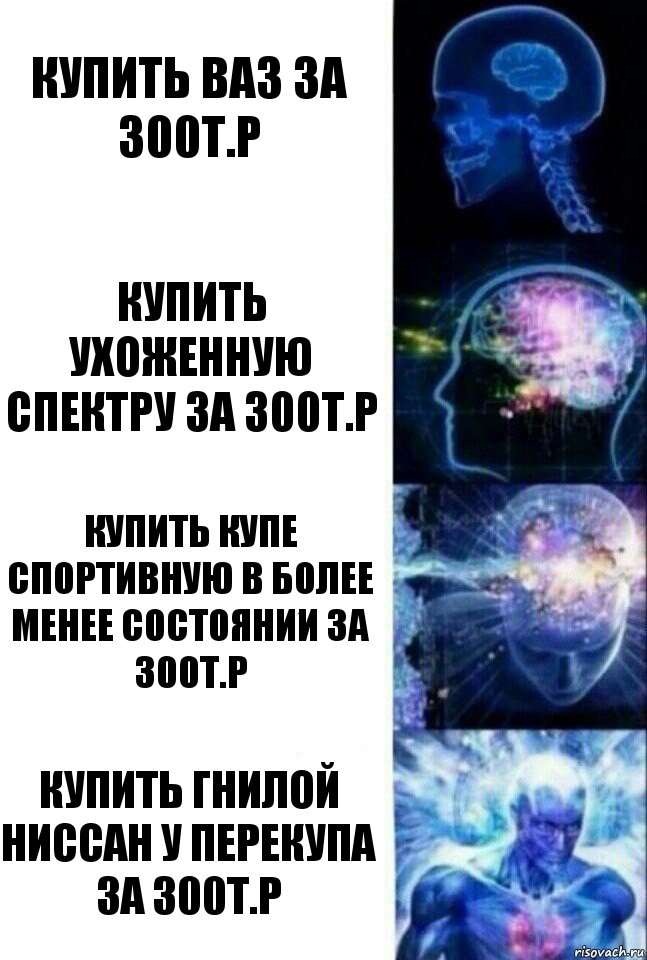 купить ваз за 300т.р Купить ухоженную спектру За 300т.р Купить купе спортивную в более менее состоянии за 300т.р Купить гнилой ниссан у перекупа за 300т.р, Комикс  Сверхразум