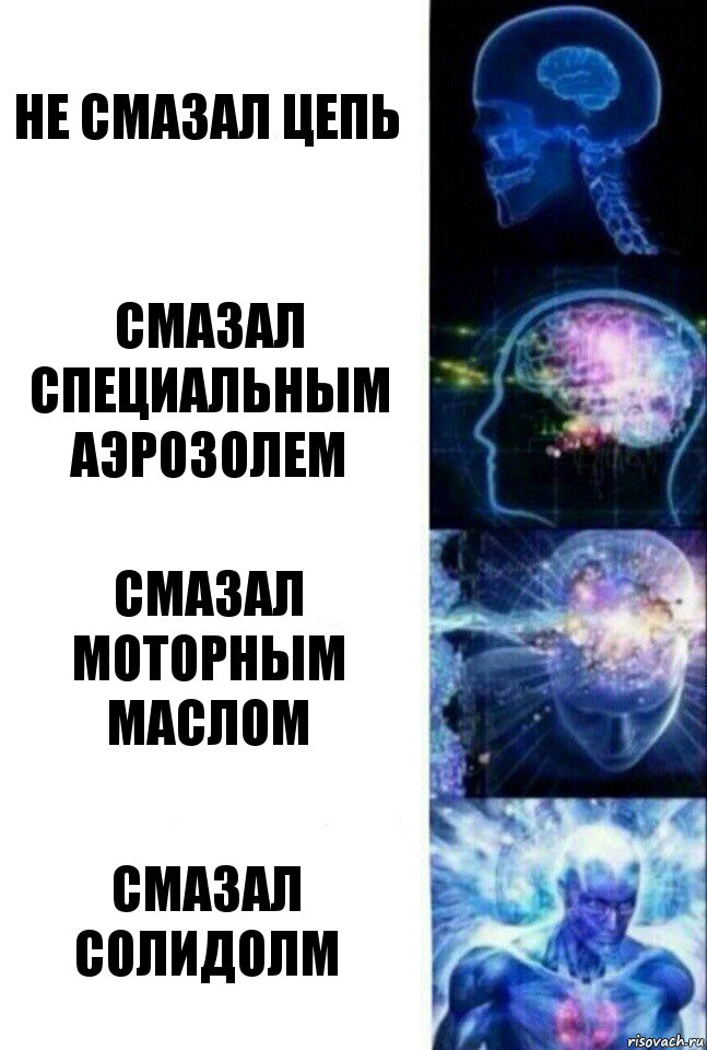 не смазал цепь смазал специальным аэрозолем смазал моторным маслом смазал солидолм, Комикс  Сверхразум