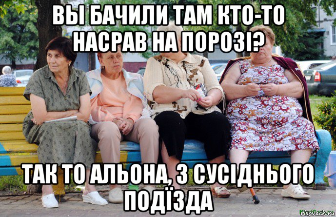 вы бачили там кто-то насрав на порозі? так то альона, з сусіднього подїзда, Мем Бабушки на скамейке