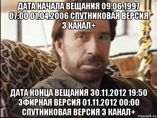 дата начала вещания 09.06.1997 07:00 01.04.2006 спутниковая версия 3 канал+ дата конца вещания 30.11.2012 19:50 эфирная версия 01.11.2012 00:00 спутниковая версия 3 канал+