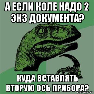 а если коле надо 2 экз документа? куда вставлять вторую ось прибора?, Мем Филосораптор