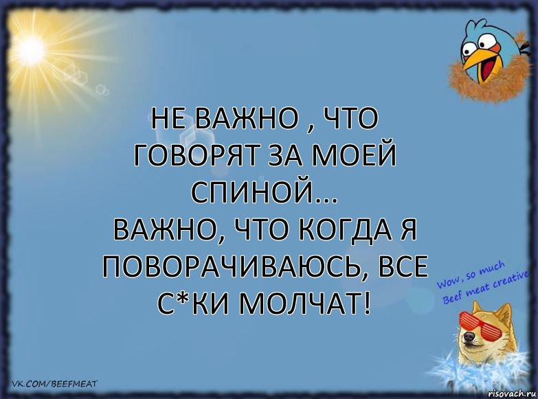 Не важно , чтo говорят зa моей спиной...
Вaжно, чтo когда я поворачиваюсь, все с*ки молчат!