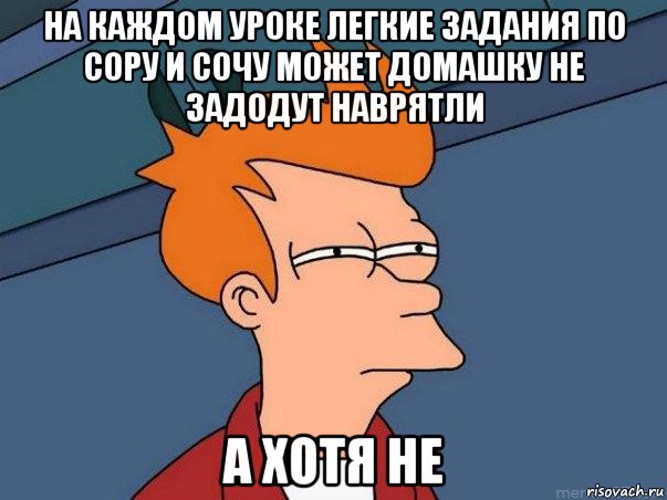 на каждом уроке легкие задания по сору и сочу может домашку не задодут наврятли а хотя не, Мем  Фрай (мне кажется или)