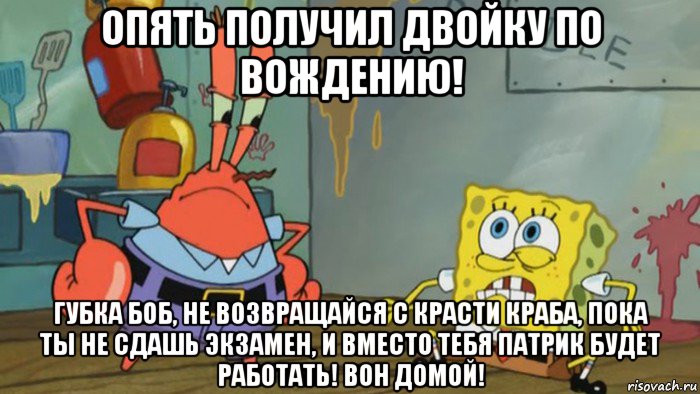 опять получил двойку по вождению! губка боб, не возвращайся с красти краба, пока ты не сдашь экзамен, и вместо тебя патрик будет работать! вон домой!