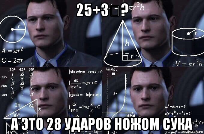 25+3＝? а это 28 ударов ножом сука, Мем  Коннор задумался