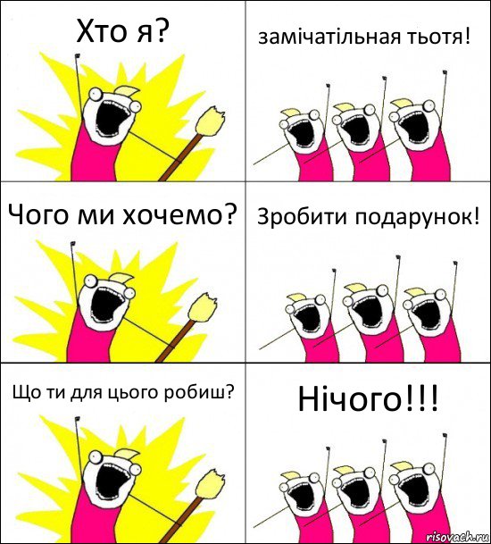 Хто я? замічатільная тьотя! Чого ми хочемо? Зробити подарунок! Що ти для цього робиш? Нічого!!!