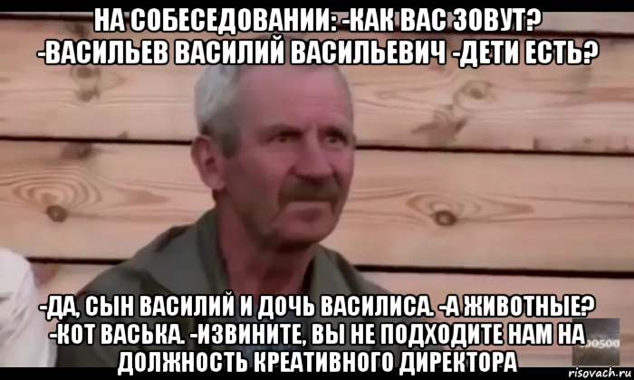 на собеседовании: -как вас зовут? -васильев василий васильевич -дети есть? -да, сын василий и дочь василиса. -а животные? -кот васька. -извините, вы не подходите нам на должность креативного директора, Мем  Охуевающий дед