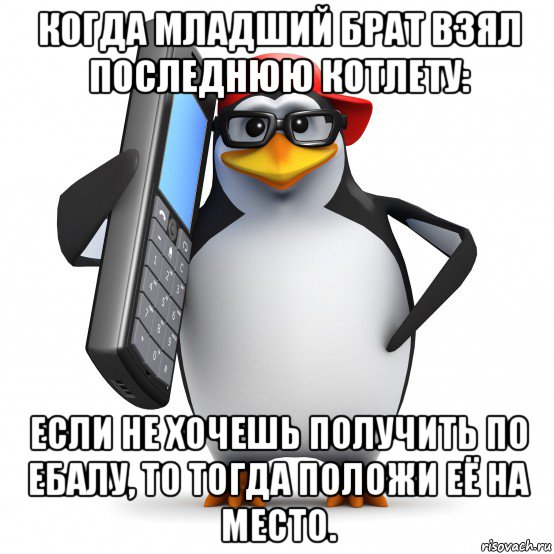 когда младший брат взял последнюю котлету: если не хочешь получить по ебалу, то тогда положи её на место., Мем   Пингвин звонит